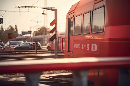 close-up of red stop sign and crossbar on a train crossing, with the cars in the background, created with generative aiの素材