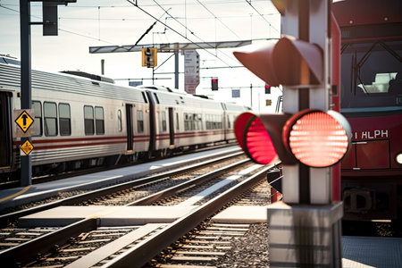 close-up of red stop sign and crossbar on a train crossing, with the cars in the background, created with generative aiの素材
