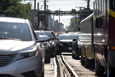 close-up of train crossing with cars waiting in the background, created with generative aiの素材