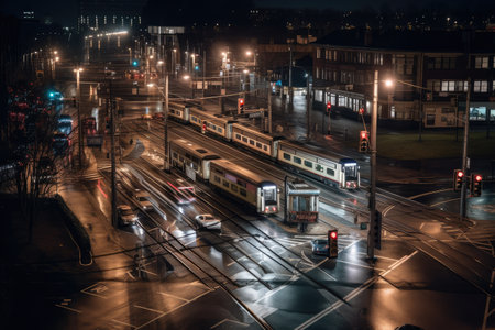 nighttime view of crossing with cars and train illuminated by bright lights, created with generative aiの素材