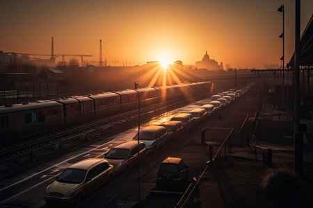 stunning sunrise over cars waiting for the train to pass, created with generative aiの素材