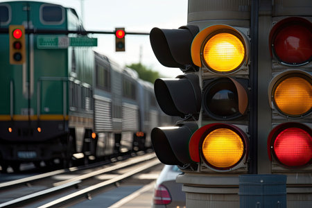 close-up of stoplight at crosswalk, with cars waiting to cross the train tracks, created with generative aiの素材