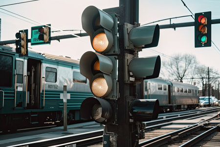 close-up of the crossing signal lights, with cars in the background, created with generative aiの素材