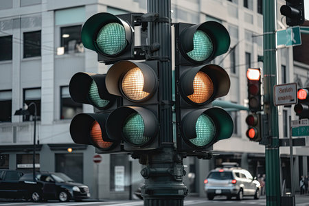 close-up of the crossing signal lights, with cars in the background, created with generative aiの素材