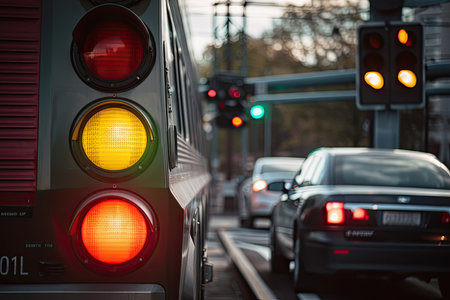 close-up of stoplight on car crossing, with train approaching in the background, created with generative aiの素材
