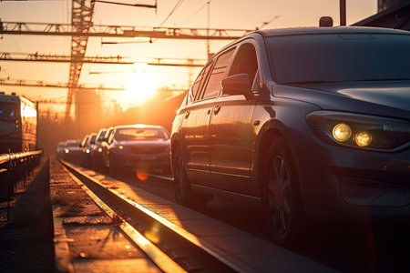 close-up of cars waiting train at crossing, with the sun setting in the background, created with generative aiの素材