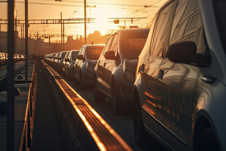 close-up of cars waiting train at crossing, with the sun setting in the background, created with generative aiの素材