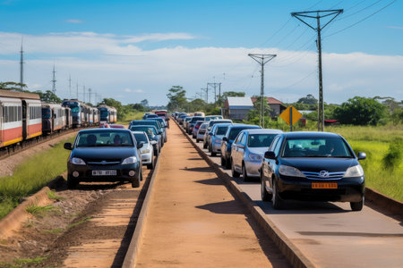 multiple cars, with drivers waiting patiently for the train to pass, at crossing in rural setting, created with generative aiの素材