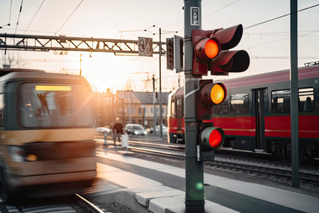 close-up of red light on crossing, with car and train in the background, created with generative aiの素材