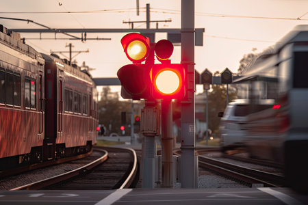 close-up of red light on crossing, with car and train in the background, created with generative aiの素材