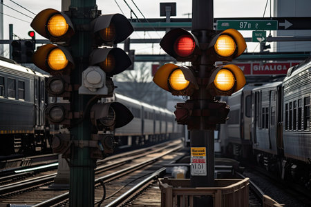 close-up of train lights and crossing signal, with cars waiting on the other side, created with generative aiの素材