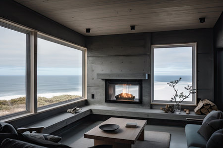 cozy coastal home with fire burning in the fireplace and tranquil ocean views, created with generative aiの素材