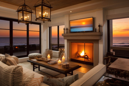 cozy coastal home, with fire burning in the fireplace and lanterns providing soft lighting, created with generative aiの素材