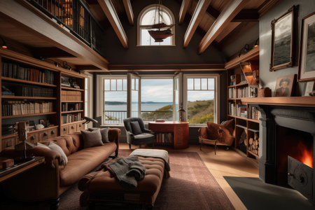 cozy coastal home with fireplace and book collection, created with generative aiの素材