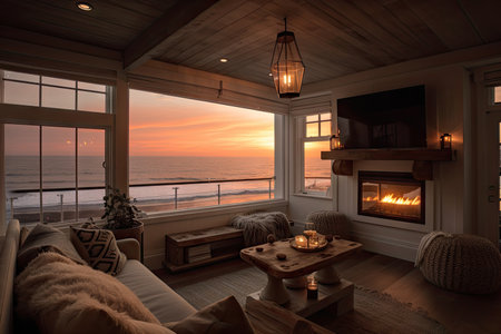cozy coastal home with fireplace, view of the ocean, and warm lighting, created with generative aiの素材