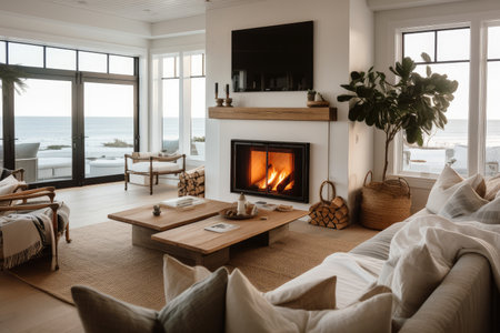 cozy coastal home with roaring fireplace and candles for the ultimate winter escape, created with generative aiの素材