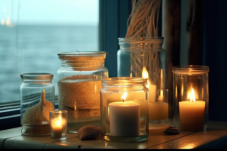 cozy coastal home with candles and music for peaceful ambiance, created with generative aiの素材