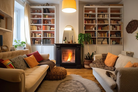 cozy living room with fireplace, bookshelf and comfy pillows on the sofa, created with generative aiの素材