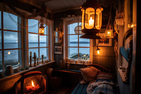 cozy cottage interior with view of the sea, and ship lanterns, created with generative aiの素材