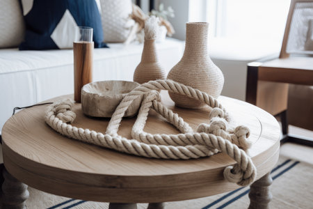 coastal home interior with nautical theme, including rope and wooden accents, created with generative aiの素材