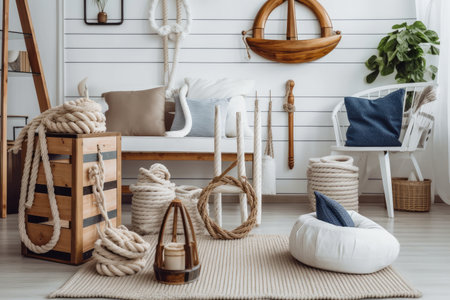 coastal home interior with nautical theme, including rope and wooden accents, created with generative aiの素材