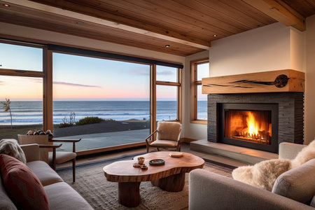 cozy coastal home with fireplace and view of the ocean, created with generative aiの素材