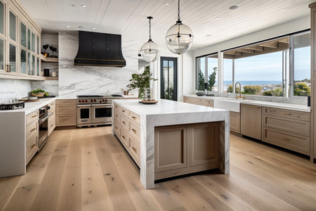 wooden flooring and natural stone tiles in the kitchen of coastal home, created with generative aiの素材