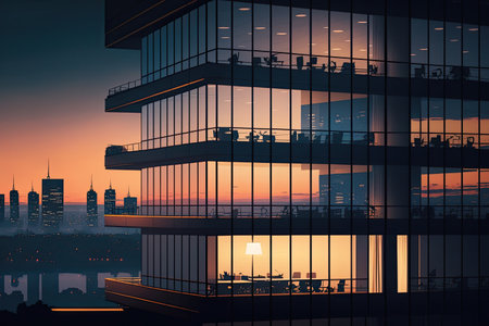 high-rise office building at dusk, with a view of the city skyline, created with generative aiの素材