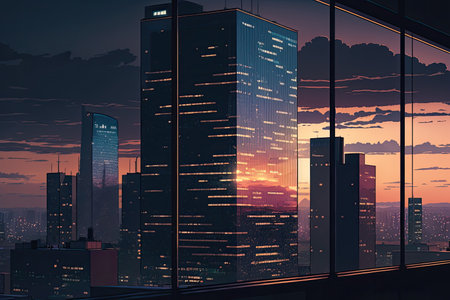 high-rise office building at dusk, with a view of the city skyline, created with generative aiの素材