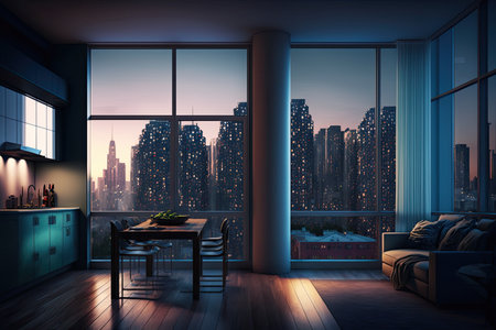 high-rise apartments with views of the bustling city below, created with generative aiの素材