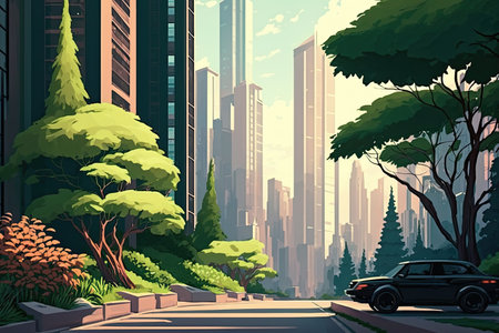 urban landscape with greenery, modern skyscrapers and busy city life in the background, created with generative aiの素材