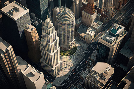 modern cityscape, with towering skyscrapers and bustling streets, viewed from above, created with generative aiの素材
