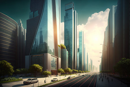 high-rise buildings, bustling with activity in modern city, created with generative aiの素材
