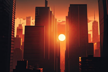 skyscrapers, with the sun setting behind them, casting a warm glow over the cityscape, created with generative aiの素材