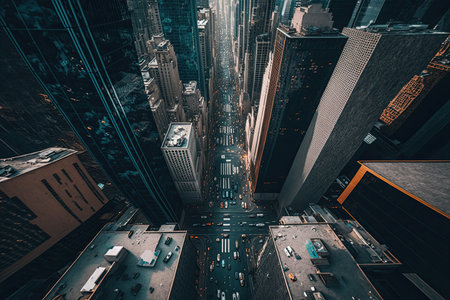 modern city with towering skyscrapers and bustling streetscene, viewed from above, created with generative aiの素材