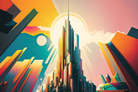 modernist skyscraper, rising above the vibrant cityscape, created with generative aiの素材
