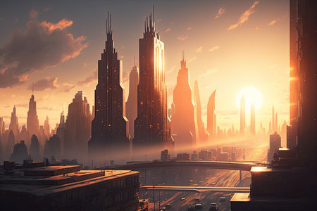 modern city, with view of towering skyscrapers and bustling streets, against sunrise, created with generative aiの素材