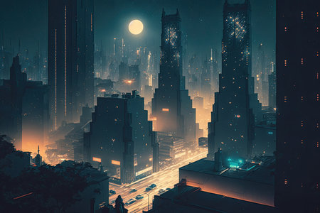 nighttime view of modern cityscape, with lighted buildings and bustling nightlife, created with generative aiの素材