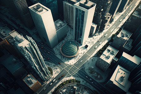 modern city with towering buildings and busy streets, viewed from above, created with generative aiの素材