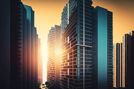high-rise apartments and office buildings rising above the hustle and bustle of modern city, created with generative aiの素材
