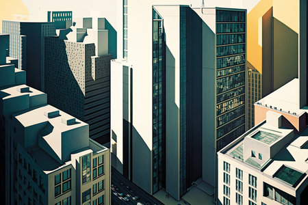 high-rise apartments and office buildings rising above the hustle and bustle of modern city, created with generative aiの素材