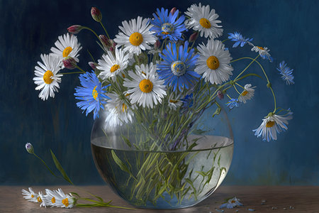 bouquet of cornflowers and chamomiles in glass vase, created with generative aiの素材