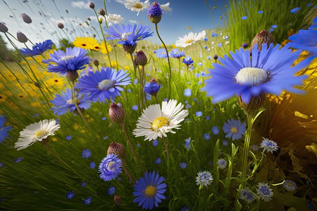 cornflower garden in full bloom, with chamomile blooms in the foreground, created with generative aiの素材