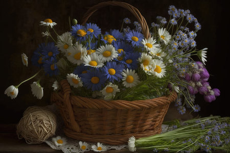 basket of freshly picked cornflowers and chamomiles, created with generative aiの素材