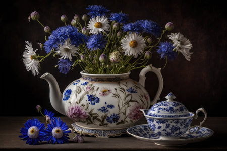 cornflowers and chamomiles in teapot on saucer, created with generative aiの素材
