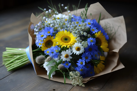 cornflower and chamomile bouquet, ready to be delivered, created with generative aiの素材