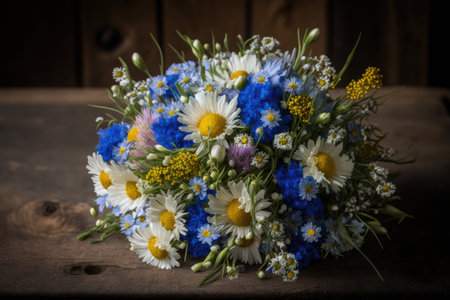 cornflower and chamomile bouquet, ready to be delivered, created with generative aiの素材