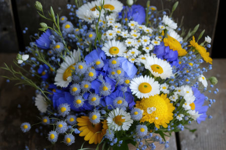 cornflower and chamomile bouquet, ready to be delivered, created with generative aiの素材