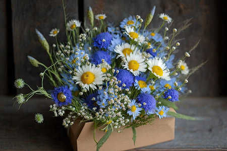 cornflower and chamomile bouquet, ready to be delivered, created with generative aiの素材