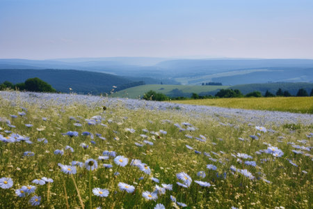 field of cornflowers and chamomiles, with view of rolling hills in the background, created with generative aiの素材